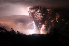 Volcano in Chile erupts during and electrical storm.
